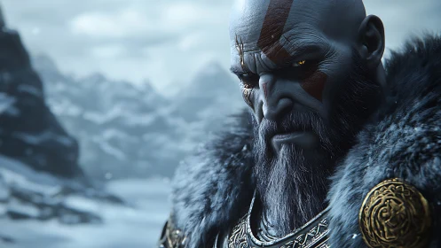 Bearded warrior portrait in icy Nordic landscape, 3D render.