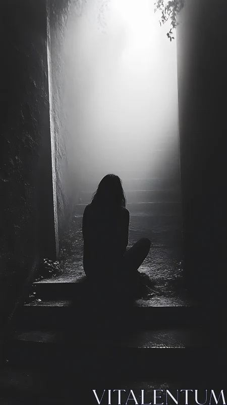 Backlit stairwell silhouette in high-contrast monochrome light