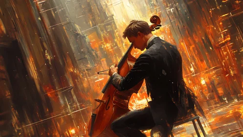 Cellist in blazing abstract city of molten light.