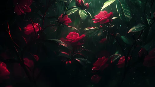 Red roses with damp foliage in low-key lighting environment.