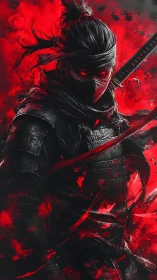 Crimson-eyed ninja warrior amid raging scarlet storm.