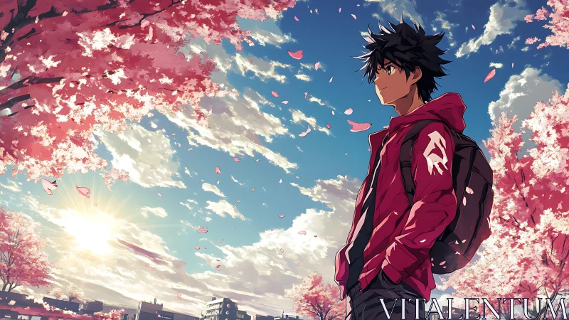 Sun‑washed petals orbit a quiet boy in crimson hoodie