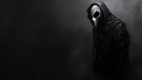 Mysterious hooded figure in a haunting, misty darkness.