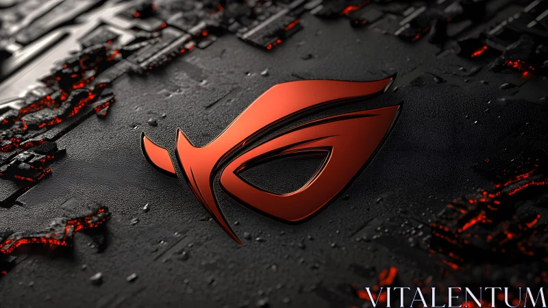 Futuristic red ROG logo on dark tech circuit background, 3D style.