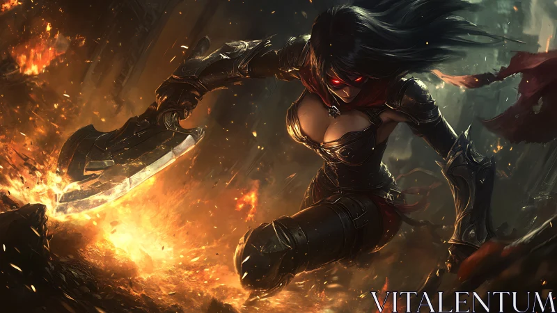 Armored rogue lunges through inferno with curved blade drawn