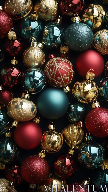 Mixed red, gold and teal glass baubles in dense arrangement.