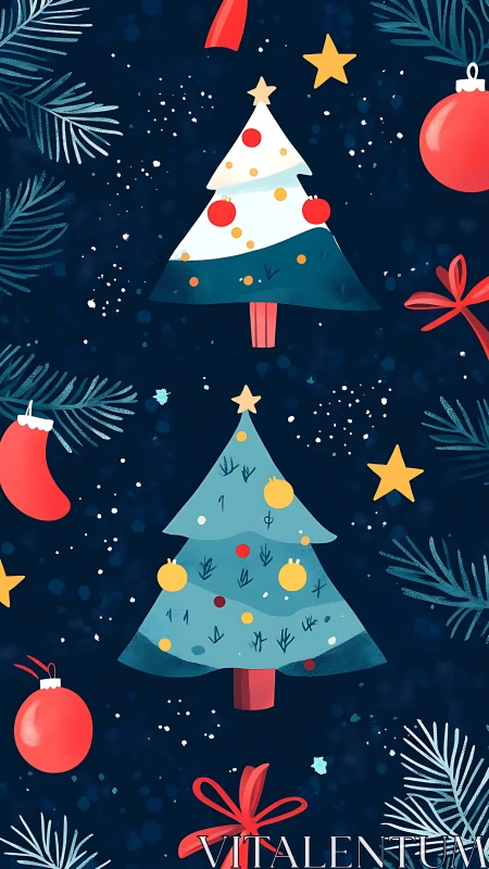 Stylized Christmas trees and ornaments on deep blue ground
