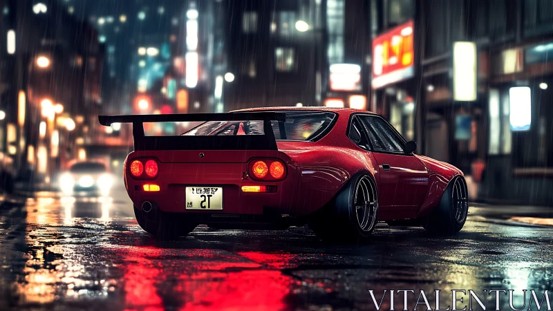 Retro red sports coupe in neon‑lit rainy urban street scene.