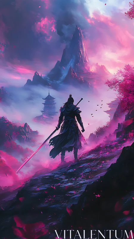 Samurai silhouette faces neon mist over jade mountain