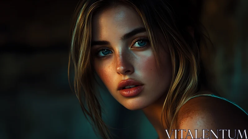 Moody close-up portrait of young woman in soft light.