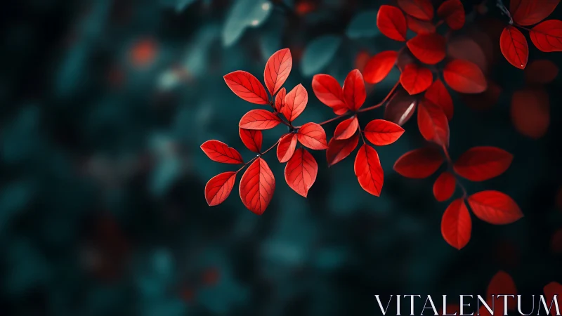 Red foliage branch against dark defocused background.