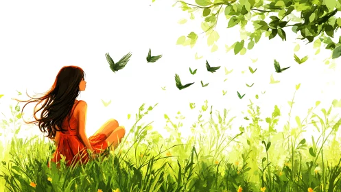 Backlit girl in red dress observes stylized foliage and birds