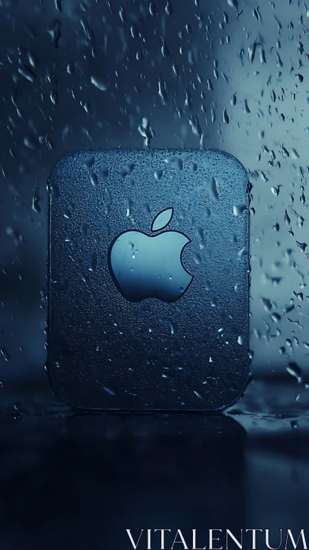 Apple Logo Immersed in Water Droplets Against Deep Teal Gradient.