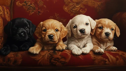 High-detail portrait of four puppies on ornate red velvet sofa