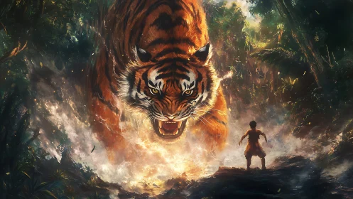 Roaring jungle titan confronts fearless child of embers.