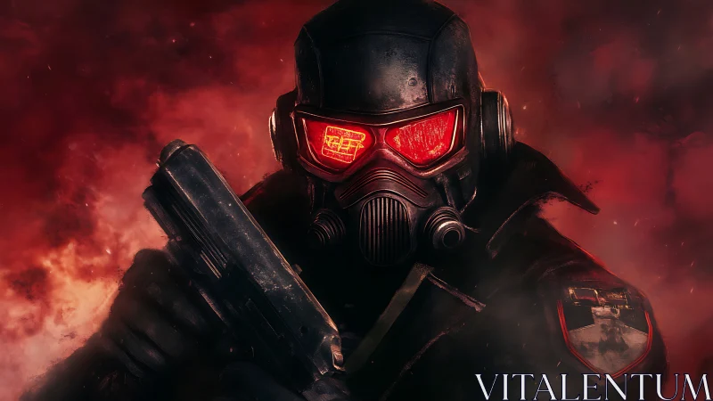 Armored soldier with red visor stands ready in burning haze