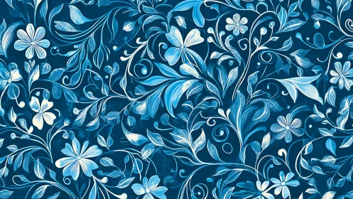 Blue Floral Damask Pattern with Swirling Leaves.