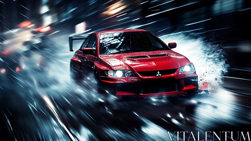 Red rally car drifts through neon-lit rain with dynamic motion blur