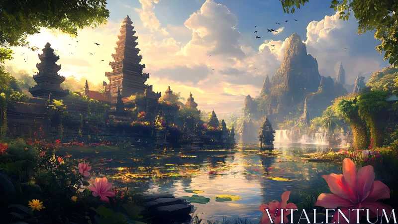 Digital painting of tropical temple lake at luminous sunset.