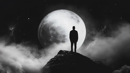 Lone dreamer crowns a moonlit peak above restless clouds.