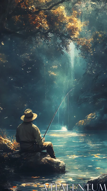 Solitary angler by forest pool under filtered light.