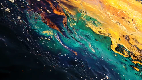 Colorful liquid surface with swirling teal and gold light.