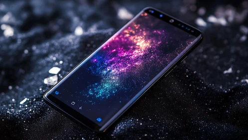 Modern smartphone on glittering dark surface with galaxy display.