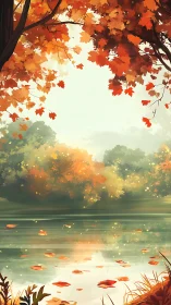 Autumn foliage canopy frames reflective lake with diffused backlight