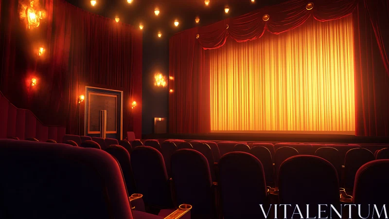 Cozy theater glow with velvety seats and golden curtain.