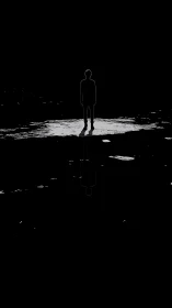Silhouetted wanderer balances between darkness and reflection