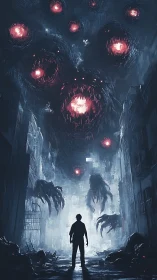 Lone figure confronts giant red eyed monsters in dark alley