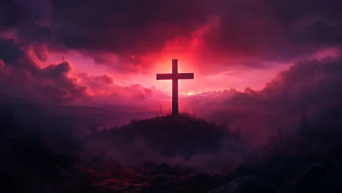 Backlit wooden cross on misty hill under crimson storm sky