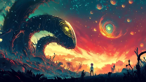 Cosmic sky opens as a lone explorer meets a glowing titan