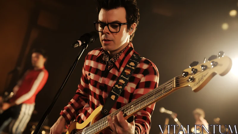 Plaid-clad bassist croons under honeyed stage lights.