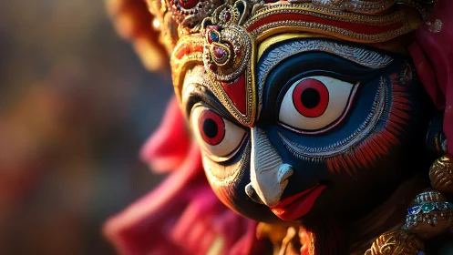Intense close-up of ornate Hindu goddess mask in warm bokeh light