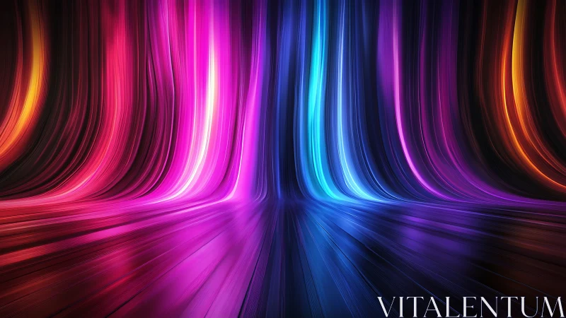 Digital painting of neon light curtains over reflective floor.