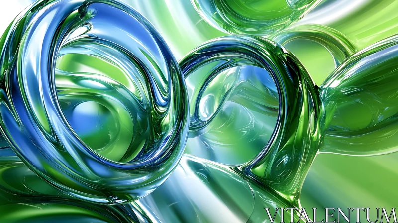 Interlocking blue and green glass rings in abstract space