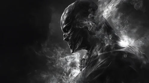 Volumetric smoke-clad biomechanoid profile in high contrast.