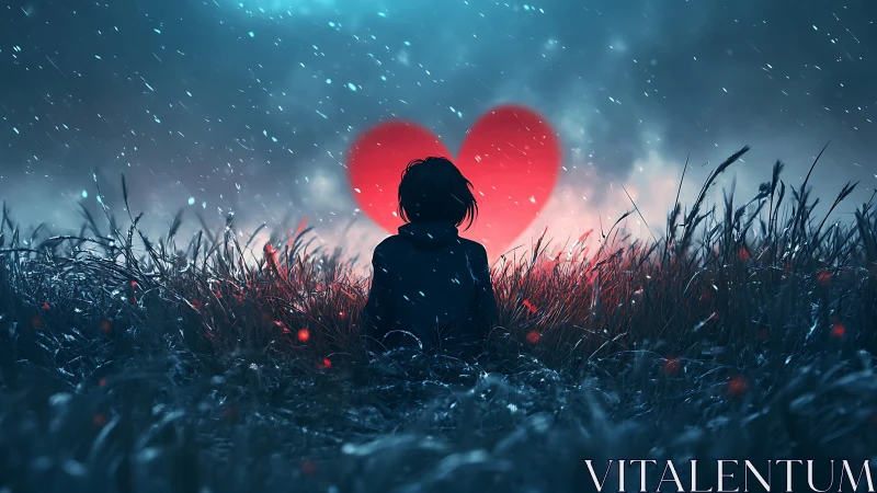 Silhouetted figure sits amid tall grass beneath large glowing red heart