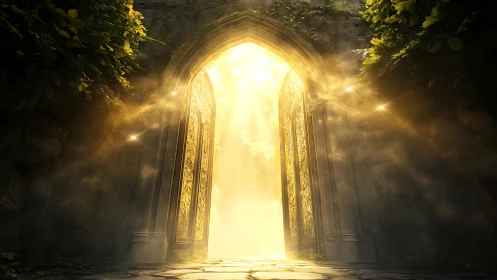 Luminous stone archway with golden portal light and foliage