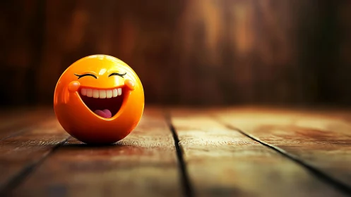 Joyful orange smiley ball shares bright laughter on wood