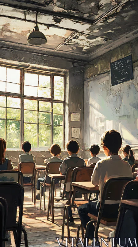 Sunlit students sit in decayed classroom under peeling ceiling