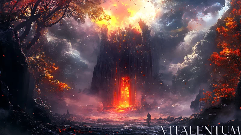 Gothic Cathedral Portal with Incandescent Lava Flow Convergence