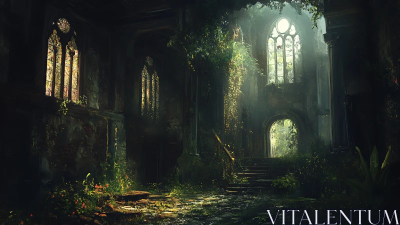 Sunlit ivy patiently reclaims a forgotten cathedral hall