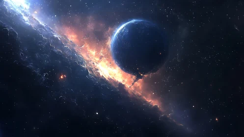 Illuminated exoplanet crossing bright nebular shock front in space