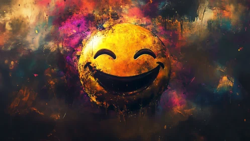 Smiling yellow emoji face glows inside chaotic paint cloud
