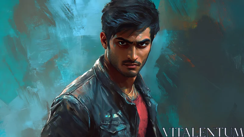 Man with intense stare in leather jacket against teal background