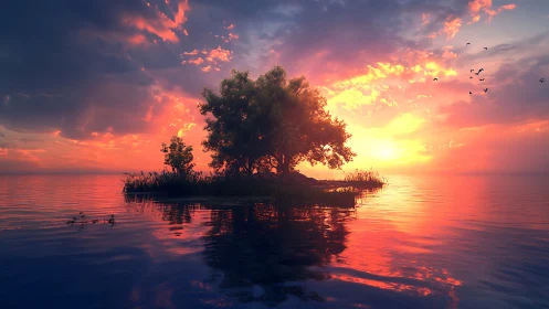Island Tree at Sunset Over Tranquil Waters.