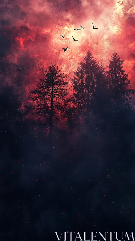 Crimson Dusk Over Burning Forest Silhouettes.