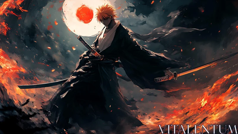 Anime swordsman in fiery battlefield under red sun.